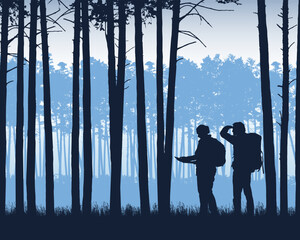 Wall Mural - realistic illustration of landscape with coniferous forest with pine trees under blue sky. two touri
