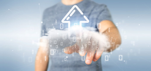Poster - Businessman holding a Binary cloud with upload internet arrow 3d rendering