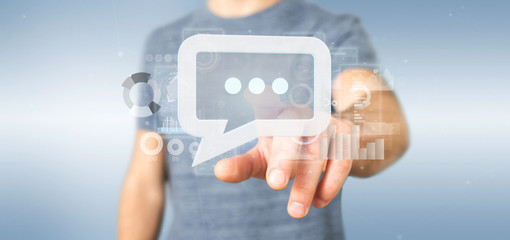 Poster - View of a Businessman holding a message icon with data in background - 3d rendering