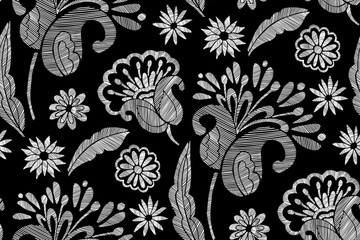  Floral seamless background pattern with mix wild flowers and leaves Line art. Embroidery flowers. Vector illustration. Textile design, wallpaper, card design.