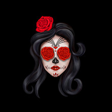 Day Of The Dead, Dia De Los Muertos. Girl With Makeup - Sugar Skull With Rose Flowers. Lettering Dia De Los Muertos.