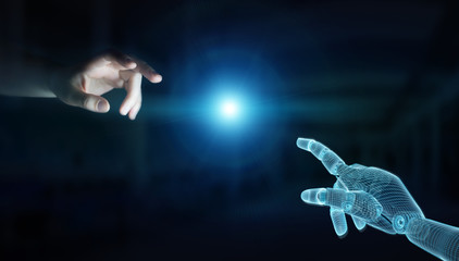 Wireframed Robot hand making contact with human hand on dark 3D rendering