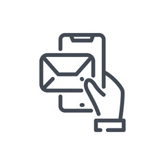 Poster - Hand with smartphone and mail notification line icon. Receive email vector outline sign.