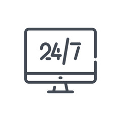 Poster - 24/7 online support line icon. computer display with 24/7 vector outline sign.
