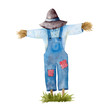 Watercolor illustration with garden scarecrow and green grass isolated on white background. Hand-drawn clipart.