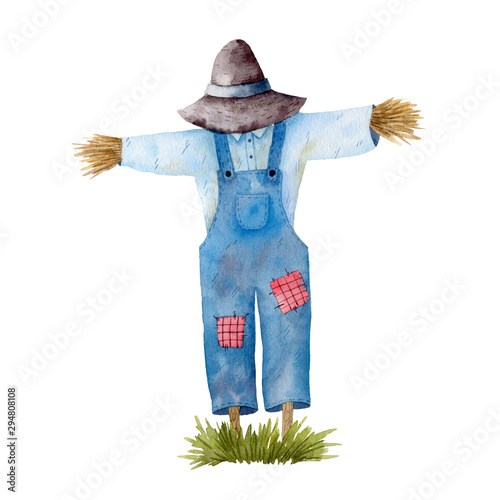 Cuadros en Lienzo Watercolor illustration with garden scarecrow and green grass isolated on white background