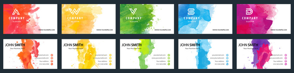 Wall Mural - Big set of bright colorful business card template with vector watercolor background