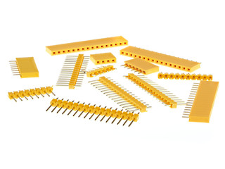 Wall Mural - Macro shot of a group of 2.54mm Single Row Female and Male Pin Header connectors, isolated on white