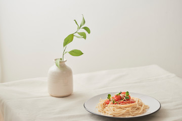 Wall Mural - Food, spaghetti bolognese sauce in white dish and a vase of plants on a white prepared table