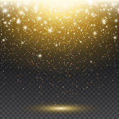 Wall Mural - gold glitter particles and lights effect for luxury greeting card. vector glowing golden shimmer tex