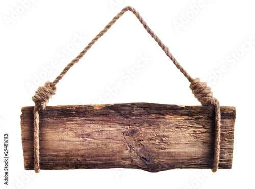 wooden signboard hanging on rope isolated on white Tableau sur Toile