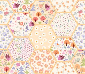 Wall Mural - Patchwork seamless pattern from hexagon floral patches. Fairytale forest with flowers and trees. Cute quilt design.