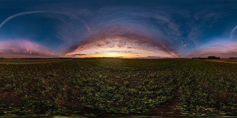 Wall Mural - full seamless spherical hdri panorama 360 degrees angle view on among fields in autumn evening sunset with awesome clouds in equirectangular projection, ready for VR AR virtual reality