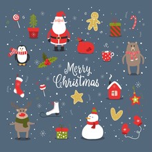 Set Of Christmas And Happy New Year Items. Vector Illustration.