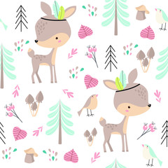 Vector forest pattern with baby deers. Forest animals. Cartoon baby deer.