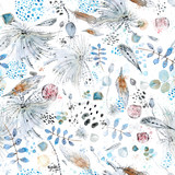 Fototapeta Boho - Vector seamless watercolor and ink abstract pattern of boho elements, feathers, shells, palm twigs, plants, spots and splashes. For cover, wrapping paper and over decor.