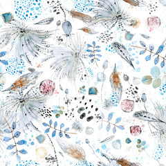 Fototapeta Vector seamless watercolor and ink abstract pattern of boho elements, feathers, shells, palm twigs, plants, spots and splashes.