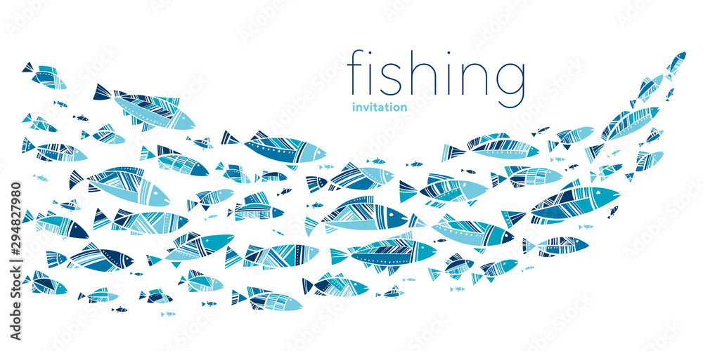 Blue school fish on white background - obrazy, fototapety, plakaty 