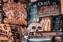 Talking Board And Planchette, Also Known As Ouija Board, Used For Communicating With The Dead And Other Spirits Or Deamons. Halloween Background, Hand Made Horror Elements For Tv And Cinema Movies. 