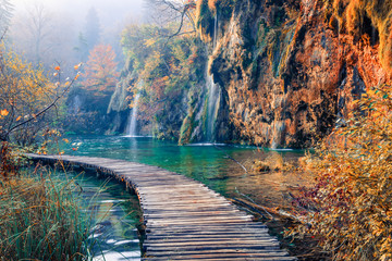 Wall Mural - amazing morning view of pure water waterfall in plitvice national park. marvelous autumn scene of cr
