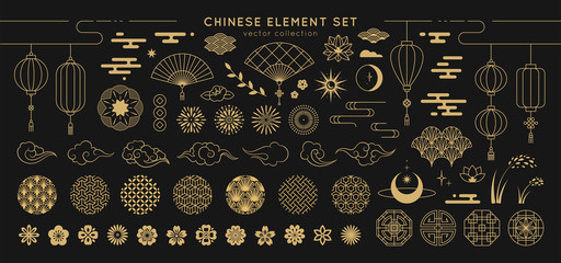 asian design element set. vector decorative collection of patterns, lanterns, flowers , clouds, orna