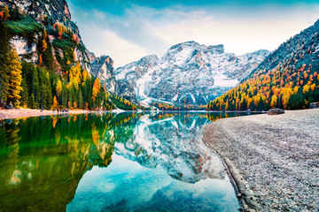  Gorgeous autumn view of Braies Lake. Spectacular morning scene of Dolomiti Alps, Naturpark Fanes-Sennes-Prags, Italy, Europe. Beauty of nature concept background.