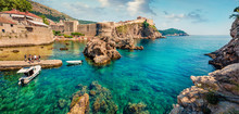 Panoramic Morning View Of Famous Fort Bokar In City Of Dubrovnik. Bright Summer Seascape Of Adriatic Sea, Croatia, Europe. Beautiful World Of Mediterranean Countries. Traveling Concept Background.