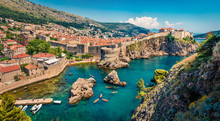 Picturesque Morning View Of Famous Fort Bokar In City Of Dubrovnik. Panoramic Summer Scene Of Croatia, Europe. Beautiful World Of Mediterranean Countries. Architecture Traveling Background.