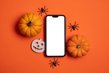 Blank white smartphone screen with pumpkins and spiders