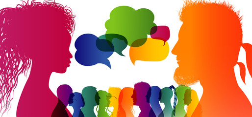 Sticker - Speech bubble. Crowd talking. Dialogue group of diverse people. Communication between people. Silhouette profiles. Rainbow colours.Dialogue different cultures. Interview