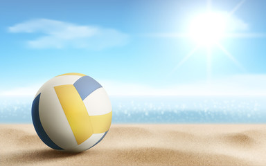 Volleyball ball on sandy beach background, sports accessory, equipment for playing game lying on sea coastline, summer championship or tournament competition Realistic 3d vector illustration, banner