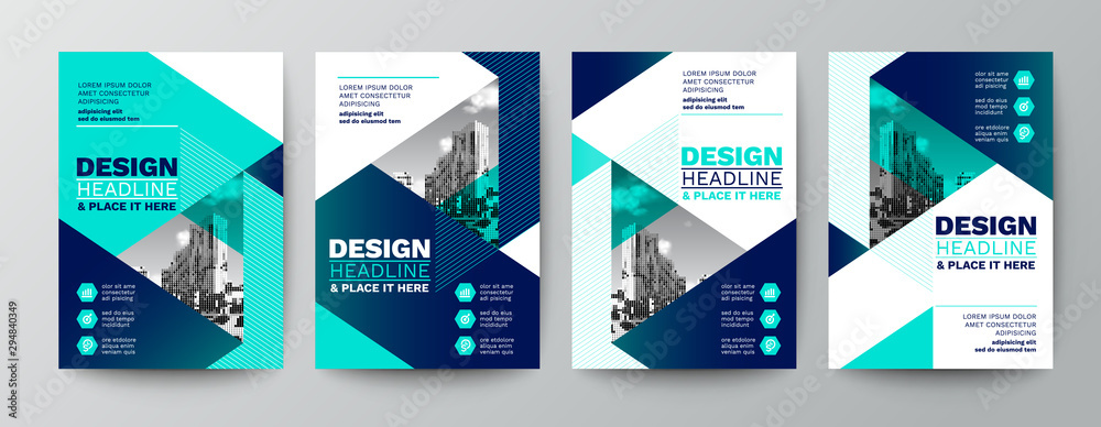 modern blue and green design template for poster flyer brochure cover. Graphic design layout with triangle graphic elements and space for photo background - obrazy, fototapety, plakaty 