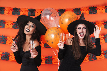 Image of witch women in black halloween costume drinking champagne