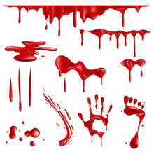 A Collection Of Realistic Blood Smear Stains. Drops And Splashes Of Blood. Halloween Concept Red Splashes And Spots. Bloody Hand And Footprints