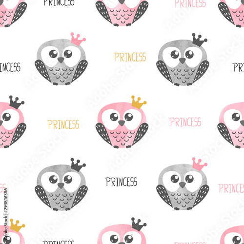 Seamless cute owl princess pattern. Baby print.