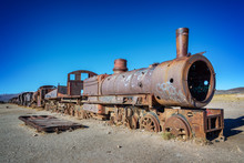 Old Rusty Locomotive Abandoned In The Train Cemetery Of Uyuni, Bolivia