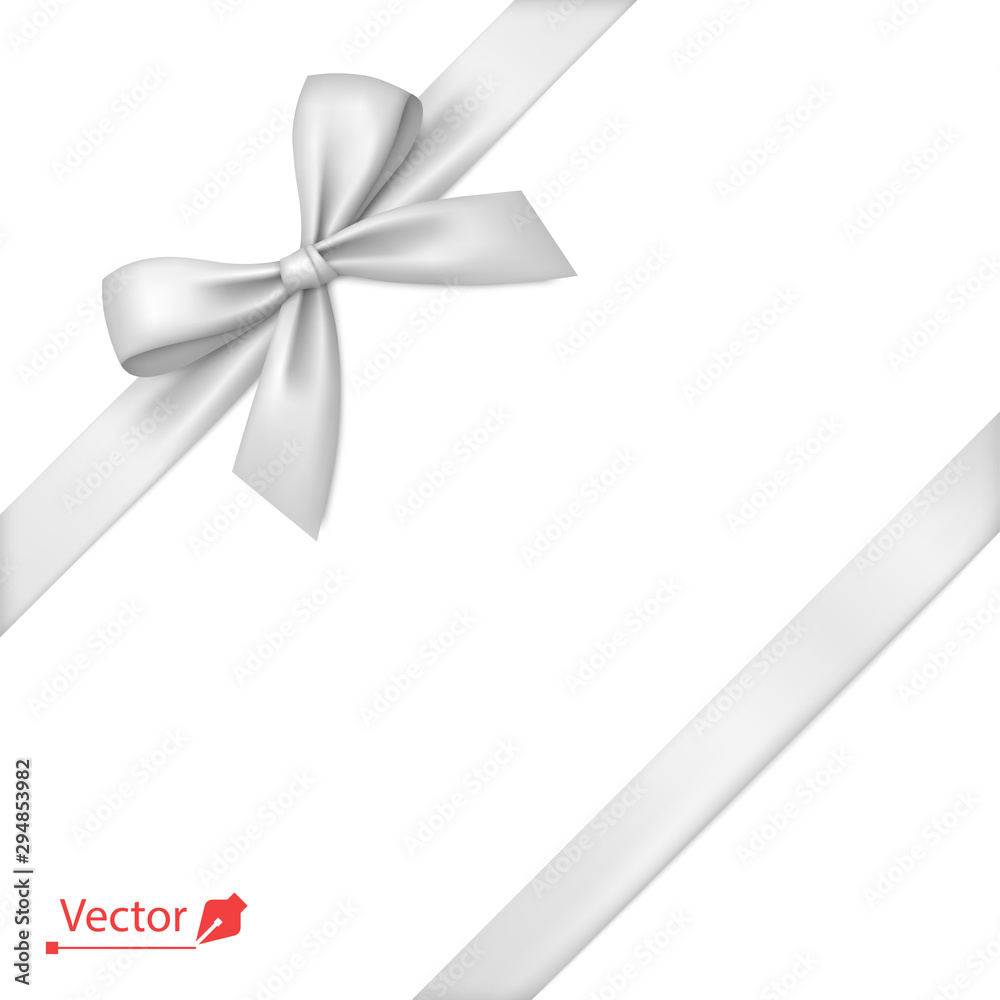 White bow with diagonally ribbon on the corner. Vector bow for page decor, gifts, greetings, holidays. - obrazy, fototapety, plakaty 