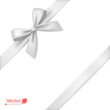 White Bow With Diagonally Ribbon On The Corner. Vector Bow For Page Decor, Gifts, Greetings, Holidays.
