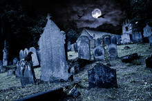 Old Graveyard With Ancient Tombstones Grave Stone And Old Church Front Of Full Moon Black Raven Dark Night Spooky Horror Background