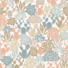 Wall Mural - Various cactus seamless pattern. Succulent background. Pastel color. Floral design. Vector illustration