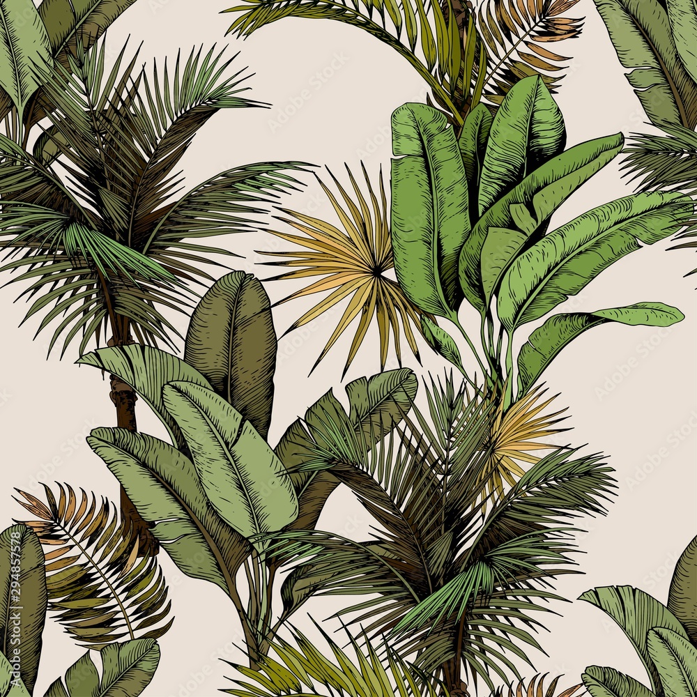 Seamless pattern with green tropical palm and banana leaves. Hand drawn vector illustration on beige background. - obrazy, fototapety, plakaty 