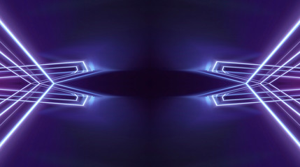 Empty stage background in purple color, spotlights, neon rays. Abstract background of neon lines and rays. Abstract background with lines and glow. Empty stage the reflection of neon lights