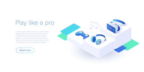 Video game controller and headphones set in isometric vector illustration. Videogame console joystick connected via wi-fi internet. Web banner layout template for website or social media.