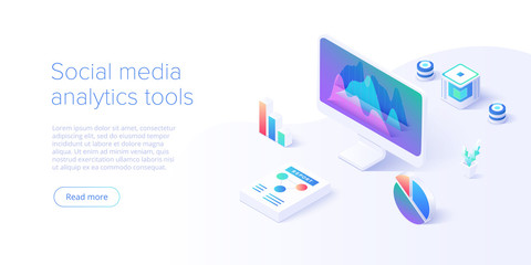 Social media analysis concept in vector illustration. User or follower activity and network statistics. Creative website layout or landing page template. Web banner concept.