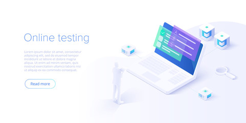 Online education concept vector illustration in isometric design. Internet distant training and courses on learning or educational platform. Website template.