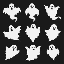  Set Of White Ghosts On Black Background