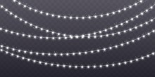 Christmas Garland Isolated On Transparent Background. Glowing White Light Bulbs With Sparkles. Xmas, New Year, Wedding Or Birthday Decor. Party Event Decoration. Winter Holiday Season Element.
