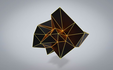 Poster - Glowing geometric random dark polygonal structure with orange light wire mesh, modern science and tech object 3d render illustration