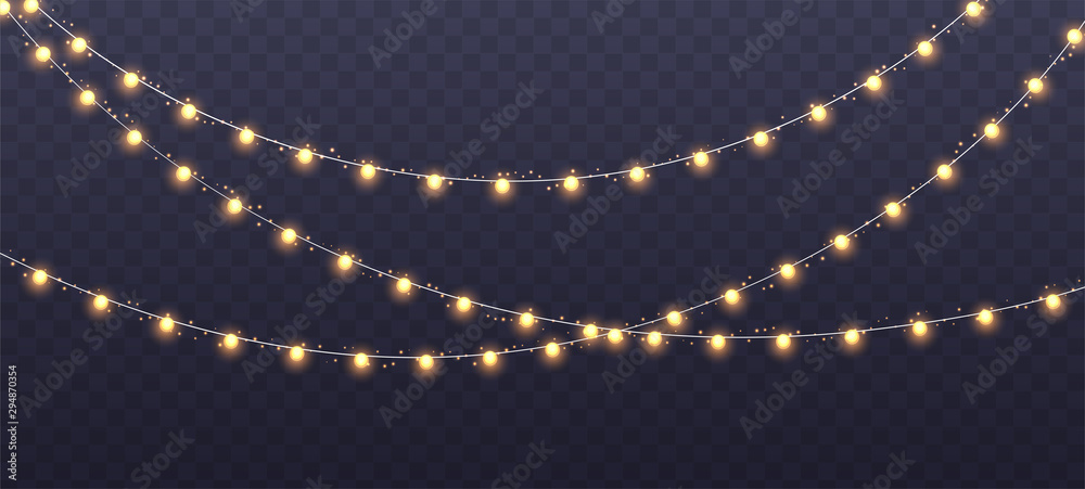 Christmas garland isolated on transparent background. Glowing yellow light bulbs with sparkles. Xmas, New Year, wedding or Birthday decor. Party event decoration. Winter holiday season element. - obrazy, fototapety, plakaty 