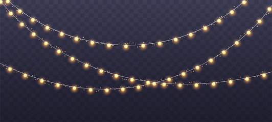 christmas garland isolated on transparent background. glowing yellow light bulbs with sparkles. xmas